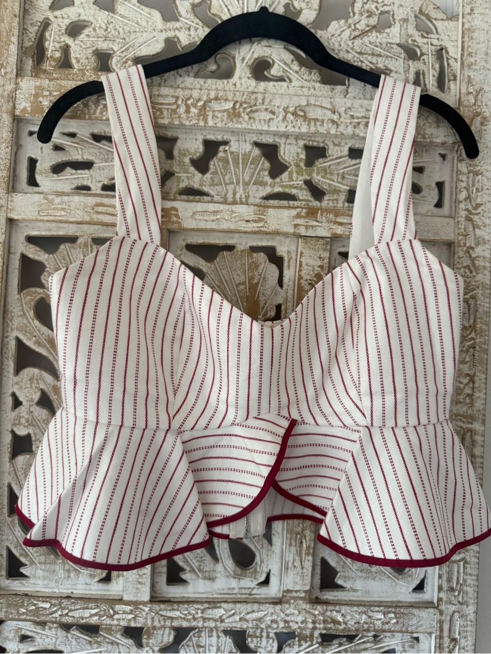 ALEXIS Striped White and Burgundy Peplum Crop Top - Women